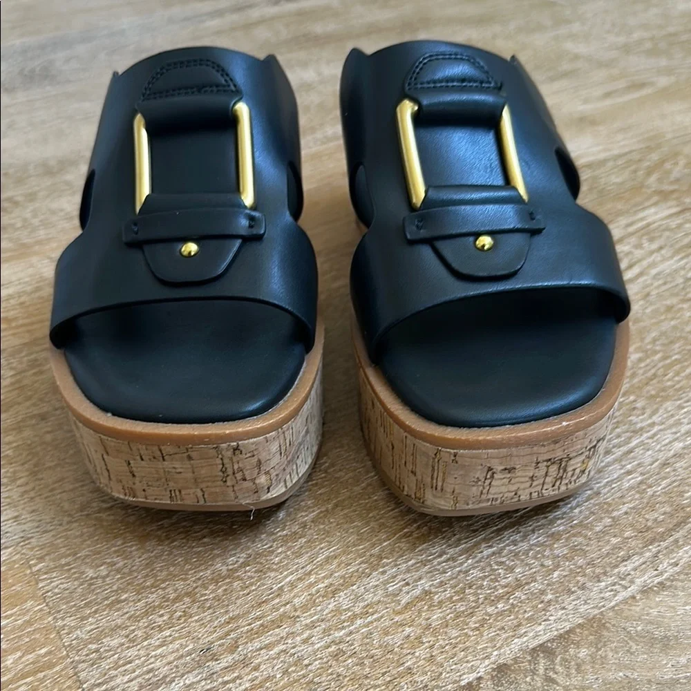 Franco Sarto Womens Black Leather Cork Platform Slide Sandals Gold Buckle 7.5